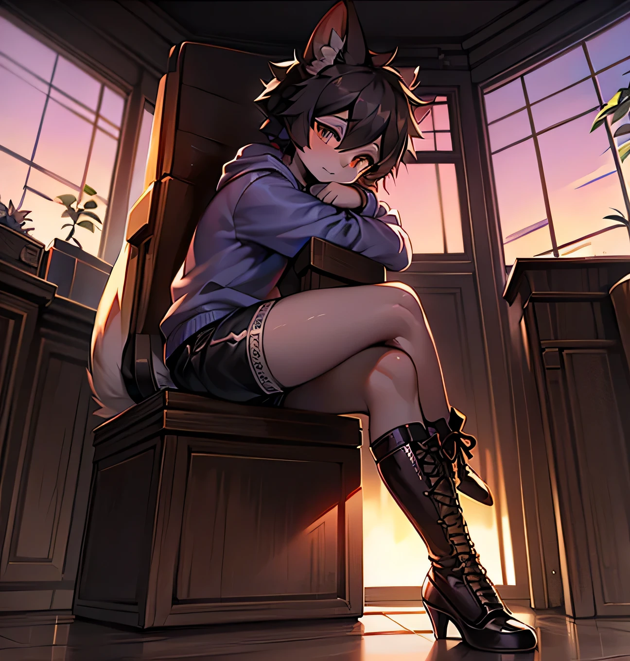 perspective:Close range from the side,alone, 1 person, sitting,Thighs,Black Hair,Shorts,the tail is fluffy, Short sleeve hoodie,Shota, Lace-up boots,Stiletto heels,
