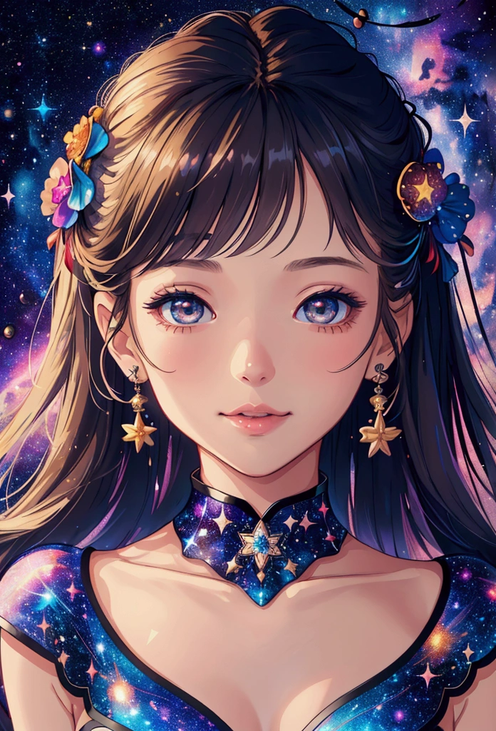 High detail, super detail, super high resolution, girl enjoying her time in the dream galaxy, surrounded by stars, warm light sprinkled on her, background is starry sky with colorful galaxies and galaxy clouds, stars flying around her, delicate face, adding playful atmosphere , --v6