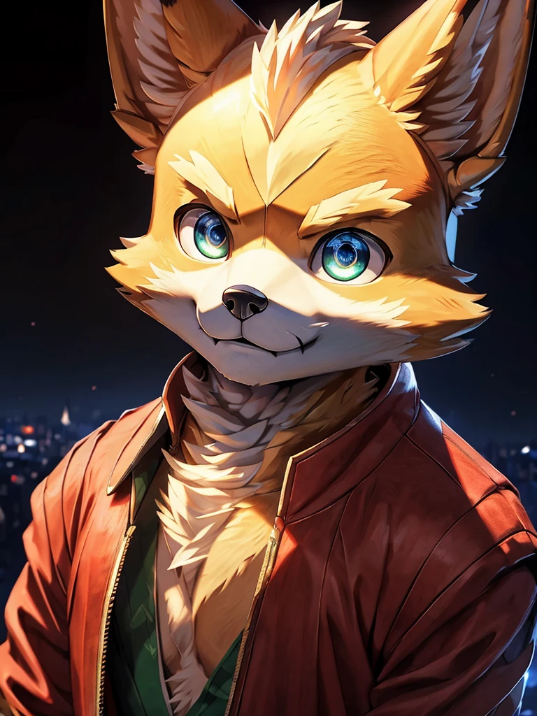 Very beautiful furry art, Fursona Art, Official Art, Eye-catching, detailed art, Fantasy Portrait, (((Fox McCloud))), Very captivating, Official Art, Perfect lighting, masterpiece, Ultra-fine, Perfect Anatomy, high quality, (one male fox), Familiar, Cinema Lighting, Sparkling Eyes, The background is a night city, (Oblique view), ((The entire upper body is visible)), 8K high resolution, Correct Anatomy, Personification, Slim figure, Written boundary depth, Perfect lighting, Hyper Detail, Sharp Focus, Real, kind, Sparkling Eyes