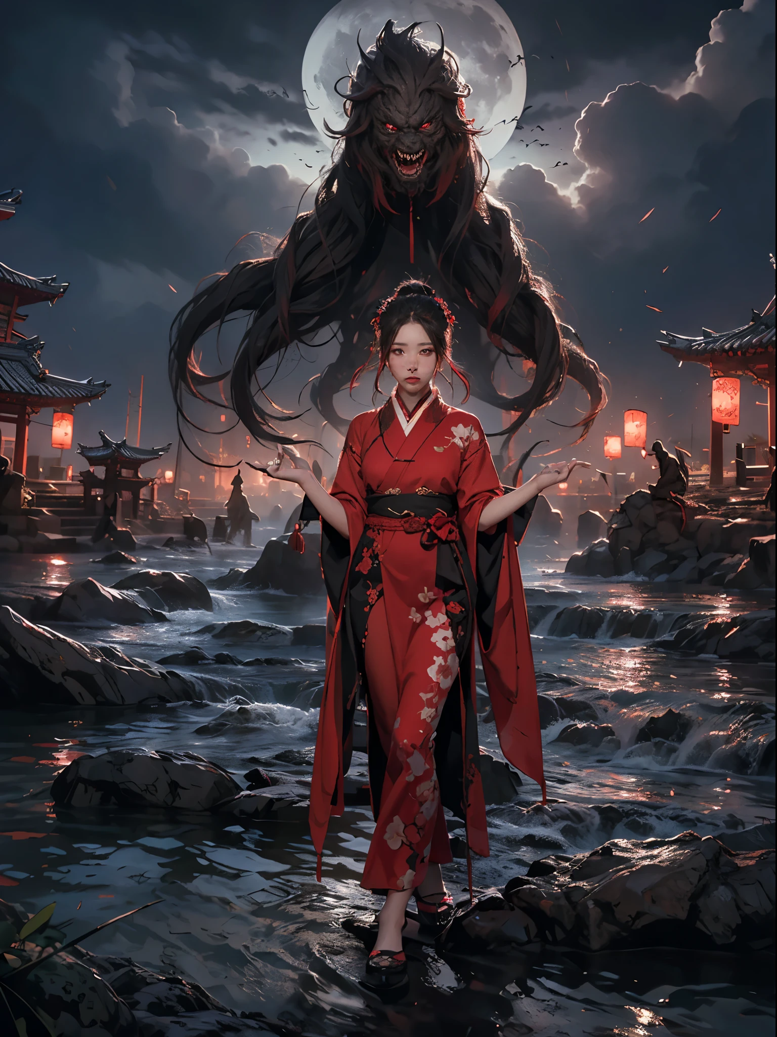 (zwd),1lady standing,full body,(looking at the viewer:1.5),detailed face,detailed eyes,dramatic lighting,red theme,hanfu,tang style,scenery,outdoors,solo,architecture,monster,night sky,night,