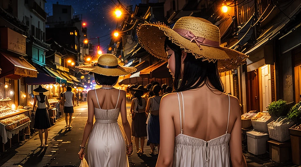 night、Horror、City、Sleeveless white dress、Straw hat、woman、１people、Back view