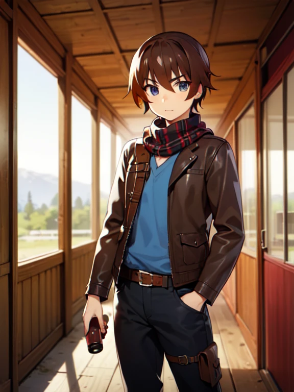 (Ultra-high resolution), (masterpiece), (Attention to detail), (high quality), (最high quality), One Man, (Keiichi_Maehara), Brown Hair, blue eyes, Western Cowboy, Cowboy hat, leather jacket, scarf, Denim pants, boots, belt, holster, revolver, Cowboy standing in front of a saloon, Wooden building in the background, Cowboy holding a bottle