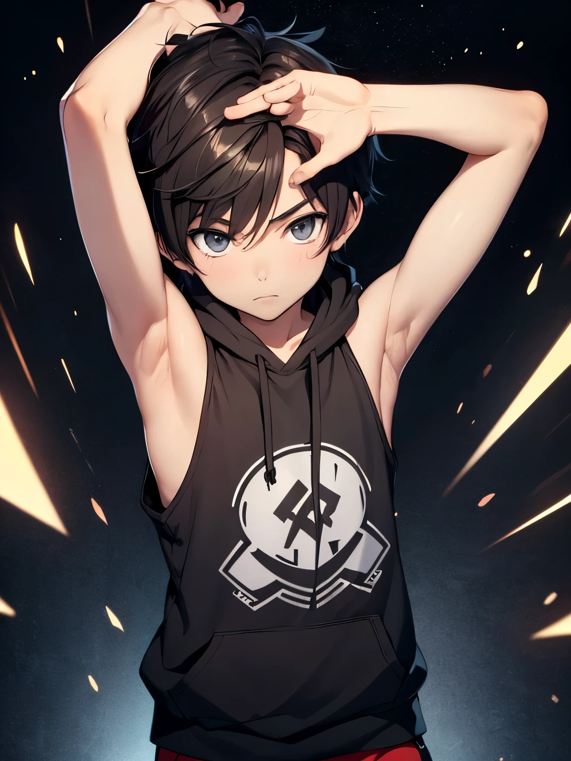 Highres, Masterpiece, Best quality at best,Best Quality,hight quality, hight detailed, Anime style, 1boy, Shota, young boy, Solo person, Black hoodie, Sleeveless hoodie, Seen from the front, look at viewer, (very young boy), (very small and short body), -yeld bo (Showing armpit:1.3), hansome boy,