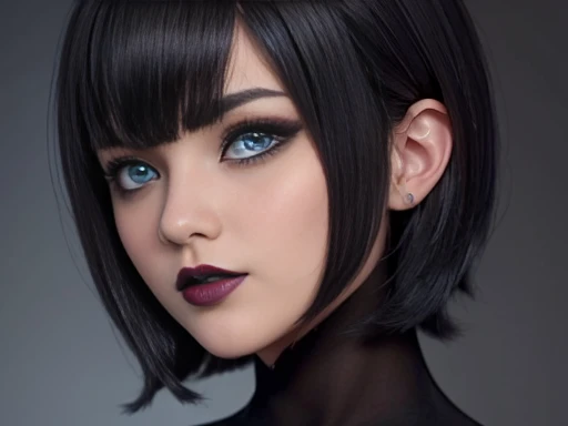 ((Best Quality)), ((masterpiece)), (detailed), perfect face, blue eyes, cabello negro corto con flequillo estilo bob labios voluminosos nariz respingada belleza extraordinaria y muy detailed ,black makeup, dark lipstick