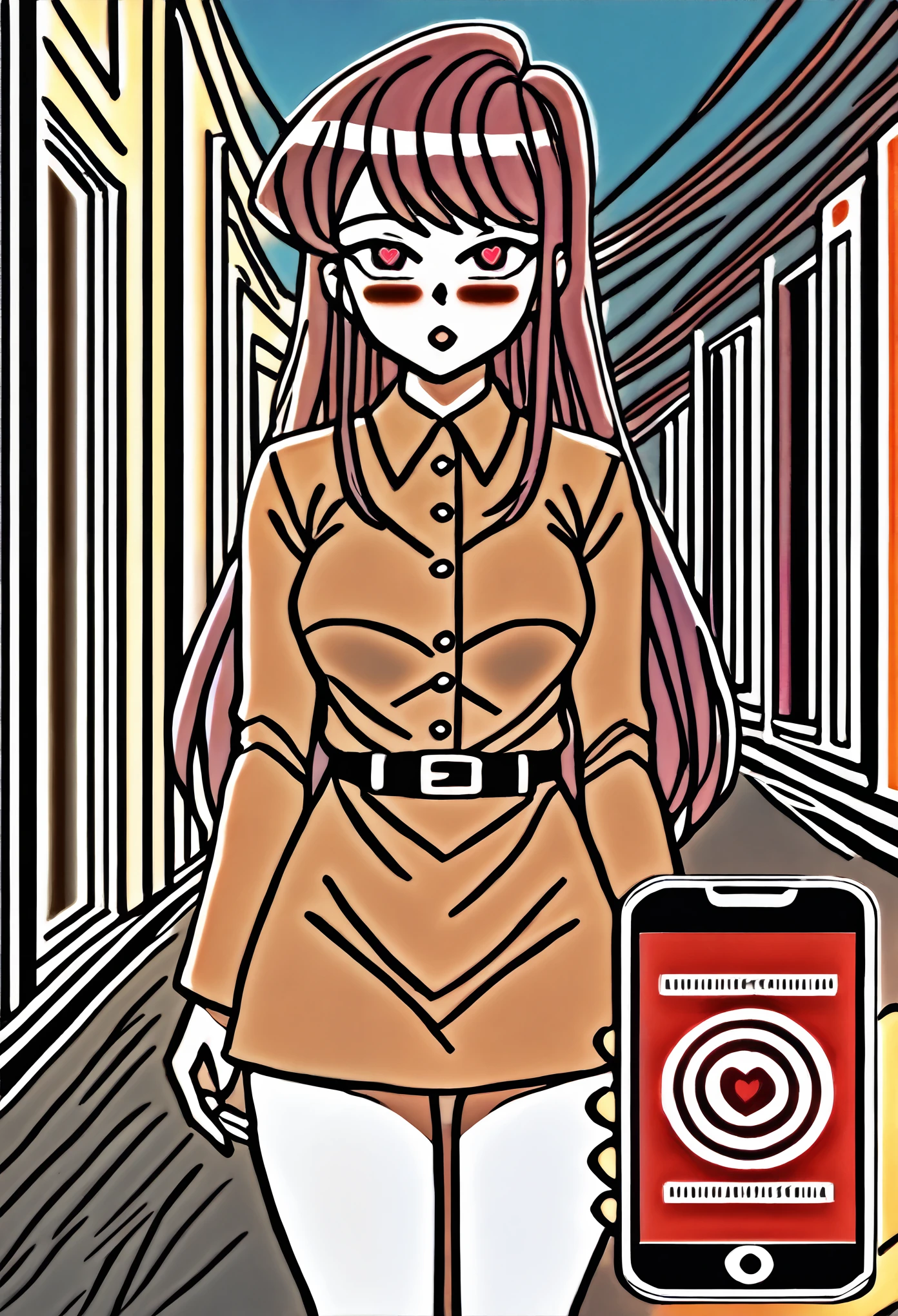 score_9, score_8_up, score_7_up, source_anime BREAK 1girl, pov, Komi Shouko, hypnosis, standing, street at night, heart-shaped pupils, swept bangs, dress, belt, brainwashed, blush, looking at viewer, thigh gap, phone, heart, eye symbol, purple hair, rating_questionable