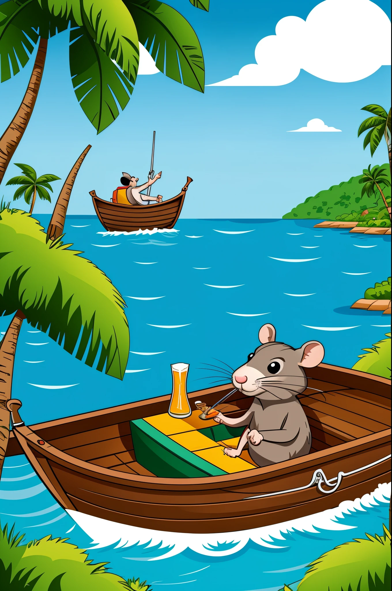 Rat fun and have put a beer he is in the boat and the island the style of this design is cartoon or vector art