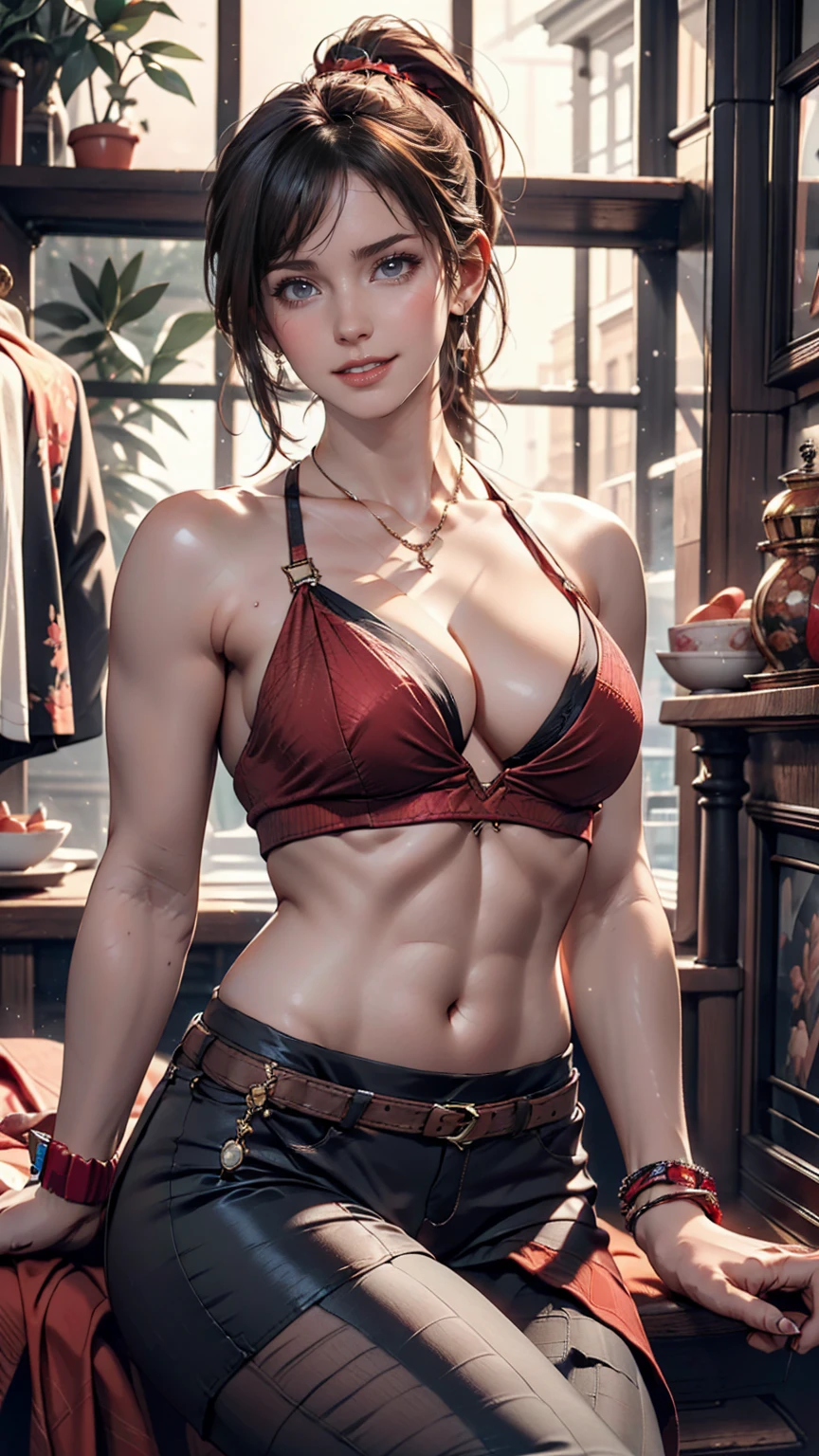 24-year-old woman、Sexy proportionature female body、Sexy proportionakeup、Lips with red lipstick、Textured skin((textured skin))、smile、Narrow waist、Folded ponytail((folded ponytail))、American Armhole((american armhole))tops、Low rise leggings、Stiletto heels、Earrings、Accessories on your wrist、Celebrities、Inside a luxury jewelry store