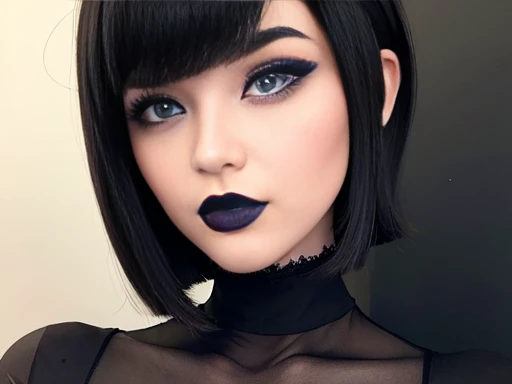 ((Best Quality)), ((masterpiece)), (detailed), perfect face, blue eyes, cabello negro corto con flequillo estilo bob labios voluminosos nariz respingada belleza extraordinaria y muy detailed ,black makeup, dark lipstick