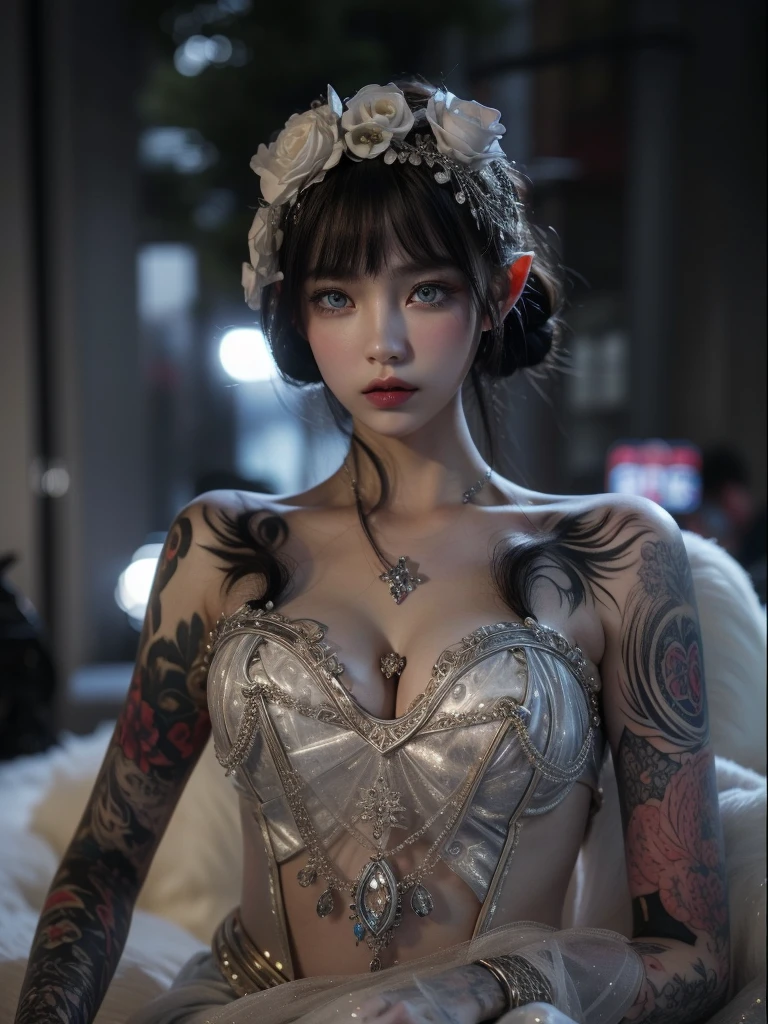 Very detailed, Detailed face, Realistic style photos, Movie stock photos Black Shadows ,  Rich and colorful, Surreal, Realistic texture, Dramatic lighting, film alembic 800 (8k, Original photo, Better Quality, masterpiece: 1.2), Very detailed, (Very refined skin: 1.2), 8k超高解像度, Single-lens reflex camera, Soft Light, high quality， The snow queen, Elf Princess, Ice Castle，Blue Eyes，Apply red lipstick，I have a tattoo，Tattoo Goddess，Ultra-sharp portraits，Shining Black Diamond，Jewelry for clothing，20 year old attractive woman、Gold clothing