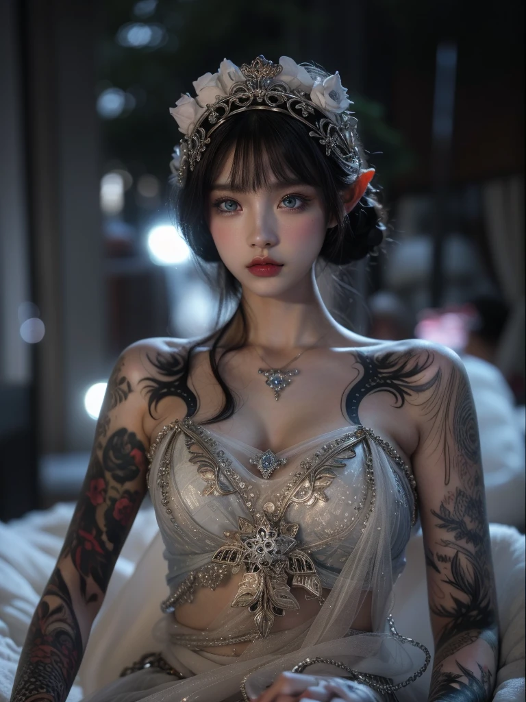 Very detailed, Detailed face, Realistic style photos, Movie stock photos Black Shadows , Rich and colorful, Surreal, Realistic texture, Dramatic lighting, film alembic 800 (8k, Original photo, Better Quality, masterpiece: 1.2), Very detailed, (Very refined skin: 1.2), 8k超高解像度, Single-lens reflex camera, Soft Light, high quality, The snow queen, Elf Princess, Ice Castle,Blue Eyes,Apply red lipstick,I have a tattoo,Tattoo Goddess,Ultra-sharp portraits,Shining Black Diamond,Jewelry for clothing,20 year old attractive woman、Gold clothing