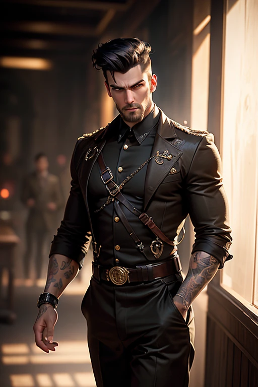 a thin muscular tall man with a pompadour undercut haircut, short mutton chops beard, no mustache, wearing a burgundy shirt with leather suspenders, black military pants, bright golden eyes, left arm with tattoos, rings on his hands, sensual gaze, (best quality,4k,8k,highres,masterpiece:1.2),ultra-detailed,(realistic,photorealistic,photo-realistic:1.37),cinematic lighting,highly detailed facial features,chiaroscuro lighting,moody atmosphere,dramatic lighting,from low angle,full body shot