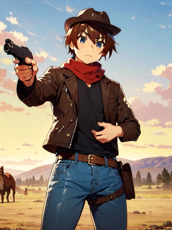 (Ultra-high resolution), (masterpiece), (Attention to detail), (high quality), (最high quality), One Man, (Keiichi_Maehara), Brown Hair, blue eyes, Western Cowboy, Cowboy hat, leather jacket, scarf, Denim pants, boots, belt, holster, revolver, Showdown scene in the wilderness, Cowboy standing in the dust, The moment he was about to pull out his gun