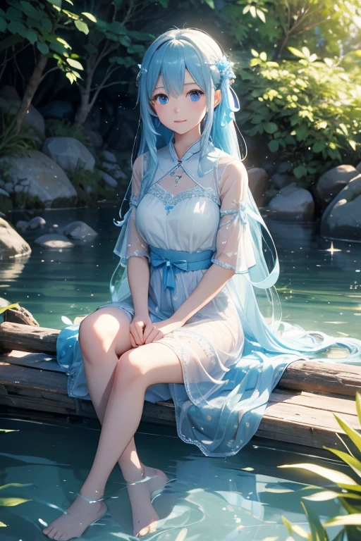In the creek, bank, blue-sky, baiyun, one girls, Charming smile standing, bent over, Wear a white tulle skirt, Bare legged, soak legs in water, (long legged:1.4), fluffy hair, Blue color hair, Long hair, aqua eyes, reflective light, Motion Blur, depth of fields, the panorama, nffsw, masutepiece, high details, Best Quality