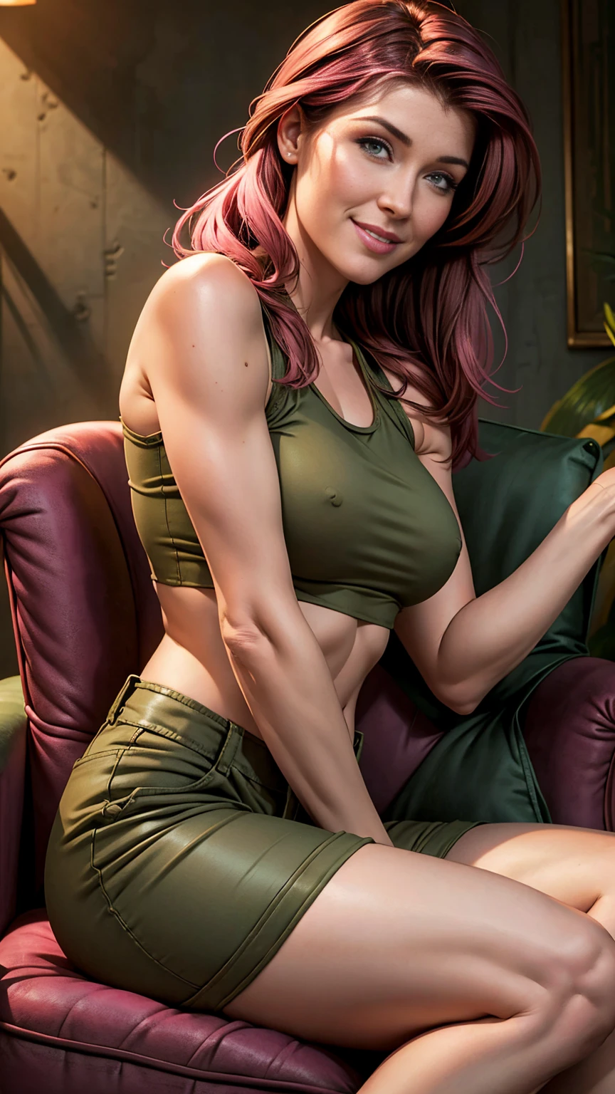 Jewel Staite as Kaylee from Firefly, undone olive green coverall low rise shorts, ((short pink crop top)), long brunette hair, perfect breasts, pokies, sexy pose, ((sitting sideways in an armchair)), smile