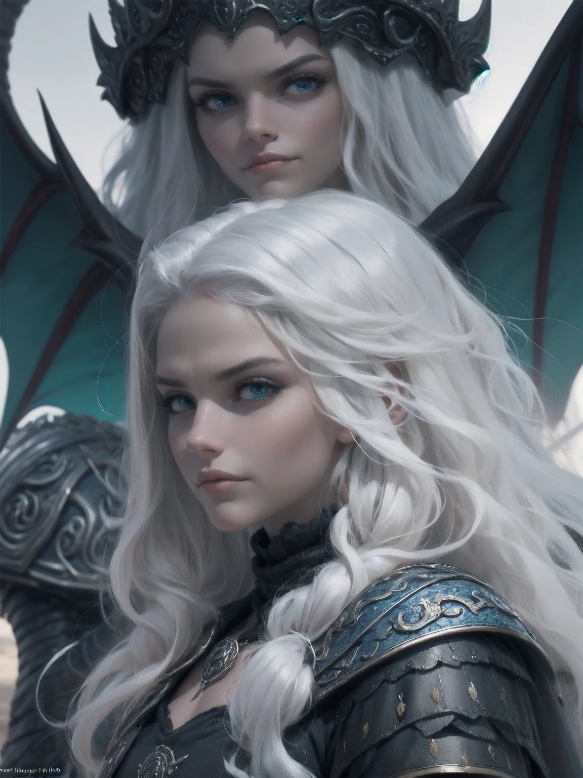 {-erro_de_anatomia:1.0} woman 30 years old, north,viking clothes, (nordic dress), dark castle, a woman (baela targaryen), black woman, (black skin) medium hair, white curly hair (white hair), (blue eyes) . Indifferent look , merciless. among the dragons, dinamic poses, egoist smile, upper body, angry face