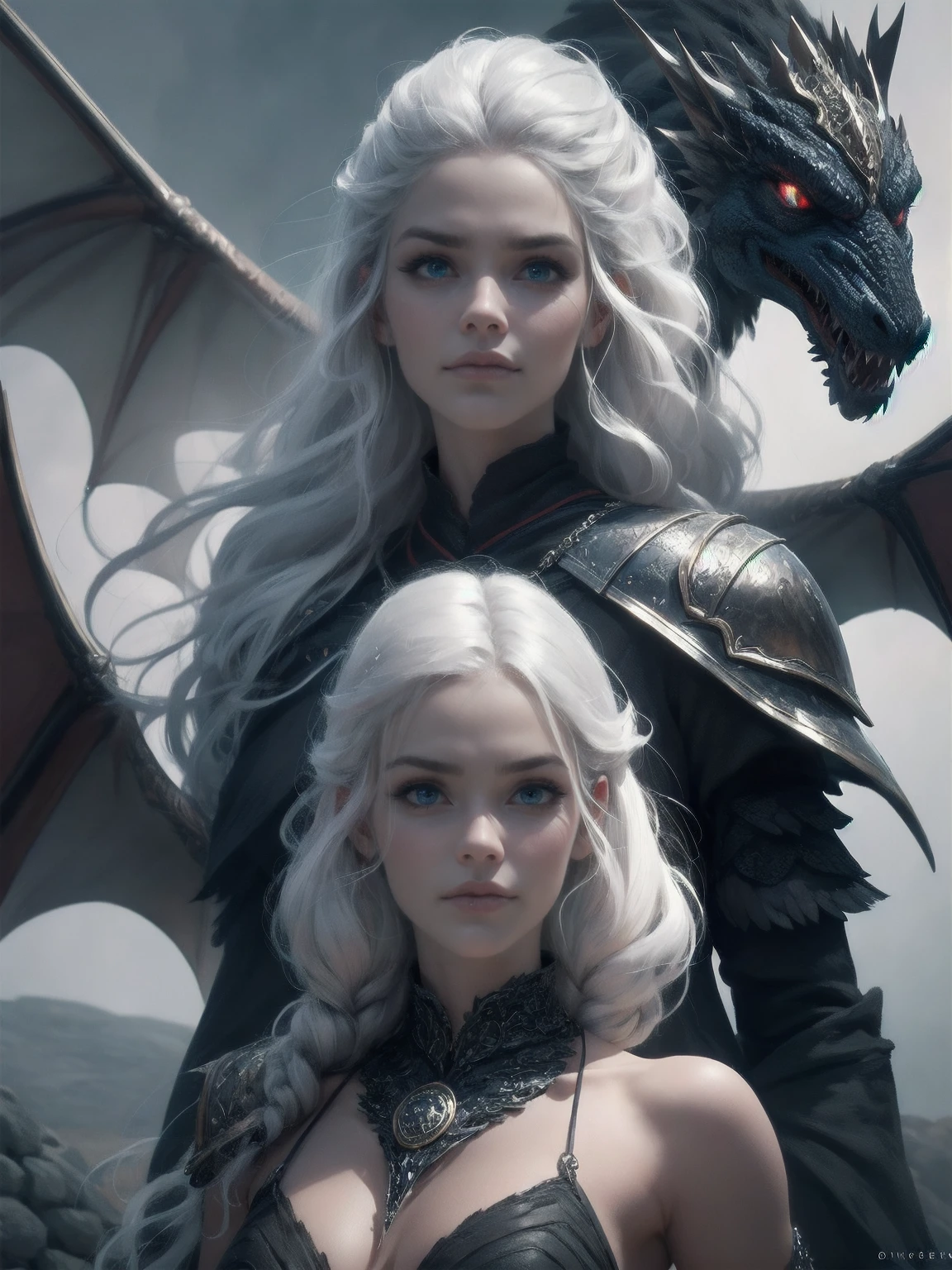 {-erro_de_anatomia:1.0} woman 30 years old, north,viking clothes, (nordic dress), dark castle, a woman (baela targaryen), black woman, (black skin) medium hair, white curly hair (white hair), (blue eyes) . Indifferent look , merciless. among the dragons, dinamic poses, egoist smile, upper body, angry face