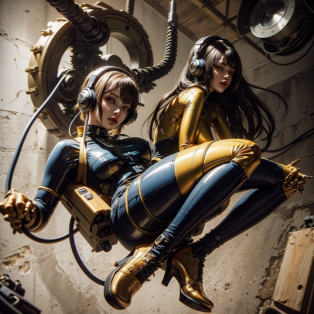 skinny turkish girl cat in gold latex An artwork on canvas in anime style with a robotic girl figure with headphones