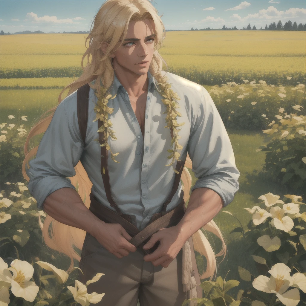a handsome muscular tanned farmer boy, beautiful detailed eyes, beautiful detailed lips, extremely detailed face and eyes, long eyelashes, messy blonde hair, rugged outdoor clothing, standing in a field of crops under a bright blue sky, (best quality,4k,8k,highres,masterpiece:1.2),ultra-detailed,(realistic,photorealistic,photo-realistic:1.37),cinematic lighting, natural colors, vibrant, striking pose, powerful, masculine