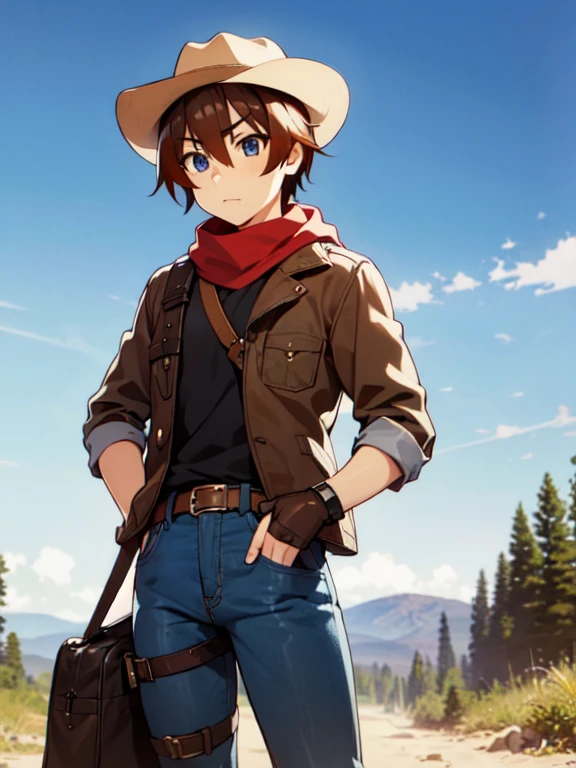 (Ultra-high resolution), (masterpiece), (Attention to detail), (high quality), (最high quality), One Man, (Keiichi_Maehara), Brown Hair, blue eyes, Western Cowboy, Cowboy hat, leather jacket, scarf, Denim pants, boots, belt, holster, revolver, Showdown scene in the wilderness, Cowboy standing in the dust, The moment he was about to pull out his gun