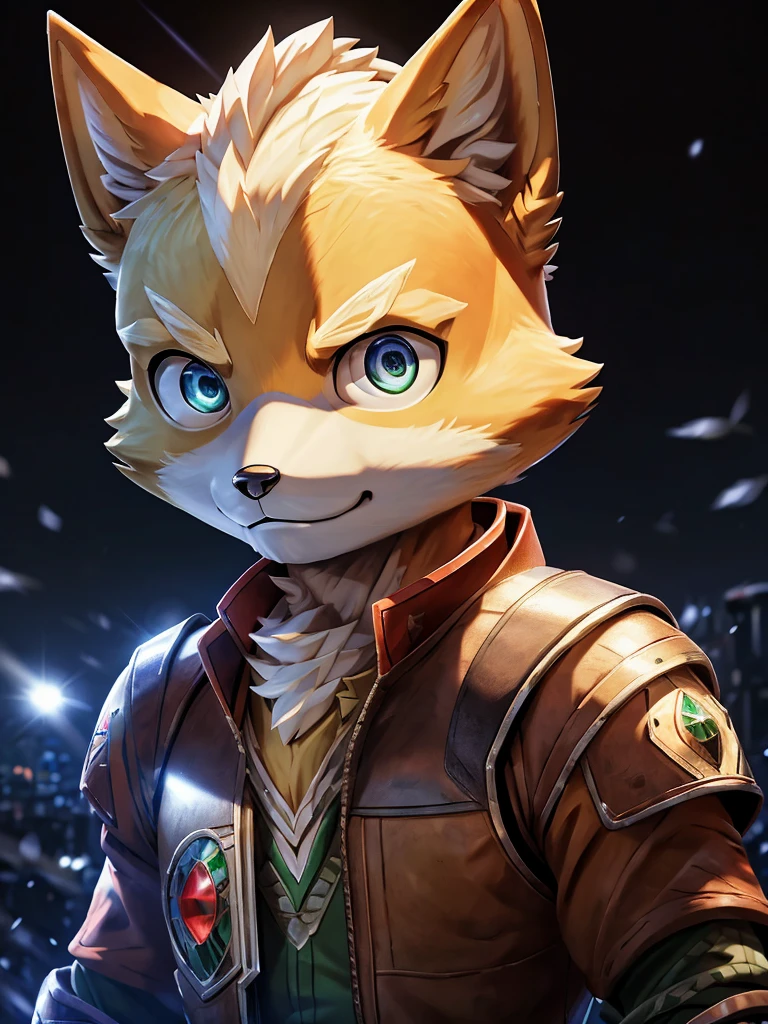 Very beautiful furry art, Fursona Art, Official Art, Eye-catching, detailed art, Fantasy Portrait, (((Fox McCloud))), (Star Fox), Very captivating, Official Art, Perfect lighting, masterpiece, Ultra-fine, Perfect Anatomy, perfect face, high quality, (male fox), Familiar, Cinema Lighting, Sparkling Eyes, The background is a night city, (Oblique view), ((The entire upper body is visible)), 8K high resolution, Correct Anatomy, Personification, Slim figure, Written boundary depth, Perfect lighting, Hyper Detail, Sharp Focus, Real, kind, Sparkling Eyes