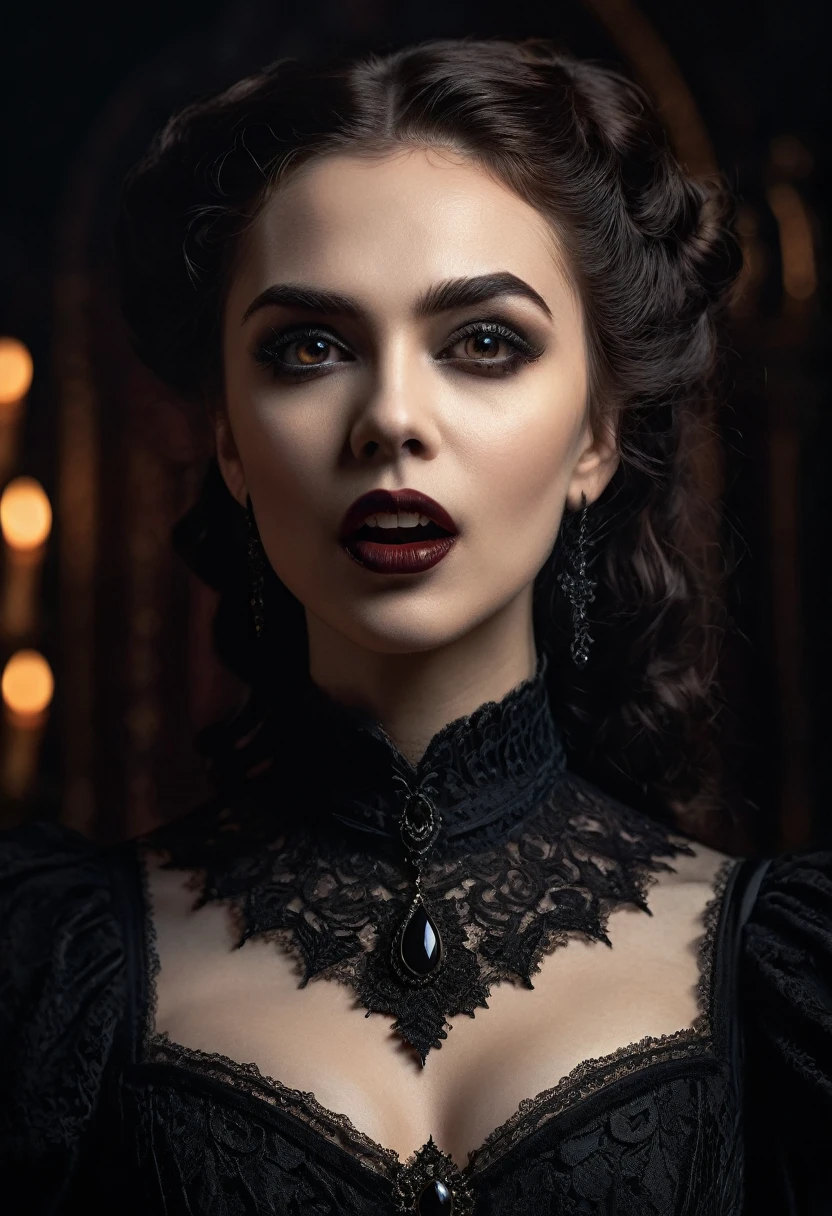 a beautiful vampire goddess, a tight-fitting victorian black dress, sharp fangs, honey-colored eyes, dark victorian background, intricate lace details, dramatic lighting, cinematic composition, photorealistic, 8k, ultra-detailed, masterpiece, dramatic chiaroscuro, gothic, elegant, haunting, mysterious