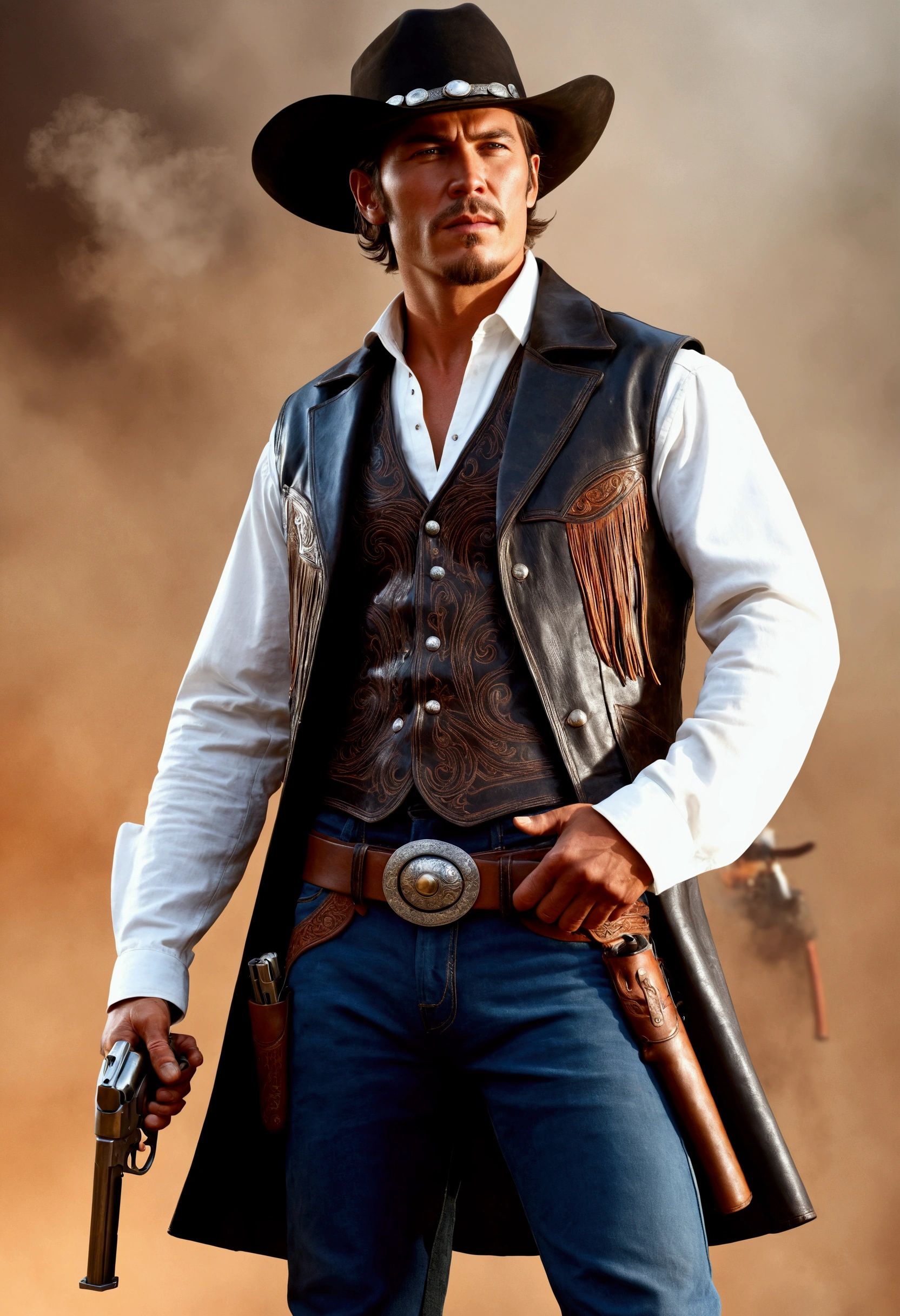Western Cowboy, Leather cowboy hat, white shirt, jeans waistcoat, leather trousers, western boots, Dueling gang members with a revolver, Masterpiece,(Best Quality, Ultra high Detailes, intricate details, intricate detail texture,
