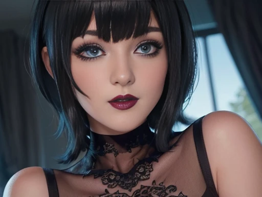 ((Best Quality)), ((masterpiece)), (detailed), perfect face,  blue eyes, cabello negro corto con flequillo estilo bob labios voluminosos nariz respingada belleza extraordinaria y muy detailed ,black makeup, dark lipstick 