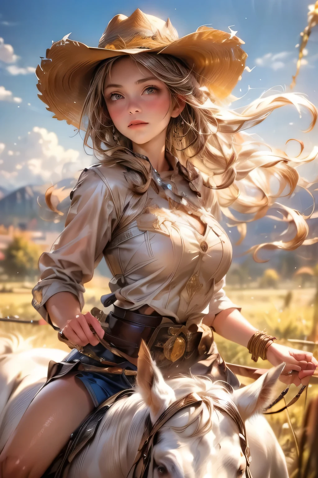 beautiful cute cowgirl, Throwing a lasso and catching a calf while riding a white horse, skilled lasso throwing, great lasso handling action, confident expression, beautiful detailed eyes, beautiful detailed lips, extremely detailed face and features, cowgirl outfit, cowgirl hat, cowgirl boots, western landscape, golden hour lighting, warm color palette, cinematic, middle breasts, beautiful detailed(hair, face, eyes, pupils, lips),(highest quality,16k,highres,masterpiece:1.2),ultra-detailed,(hyper-realistic,photo-realistic:1.37)
