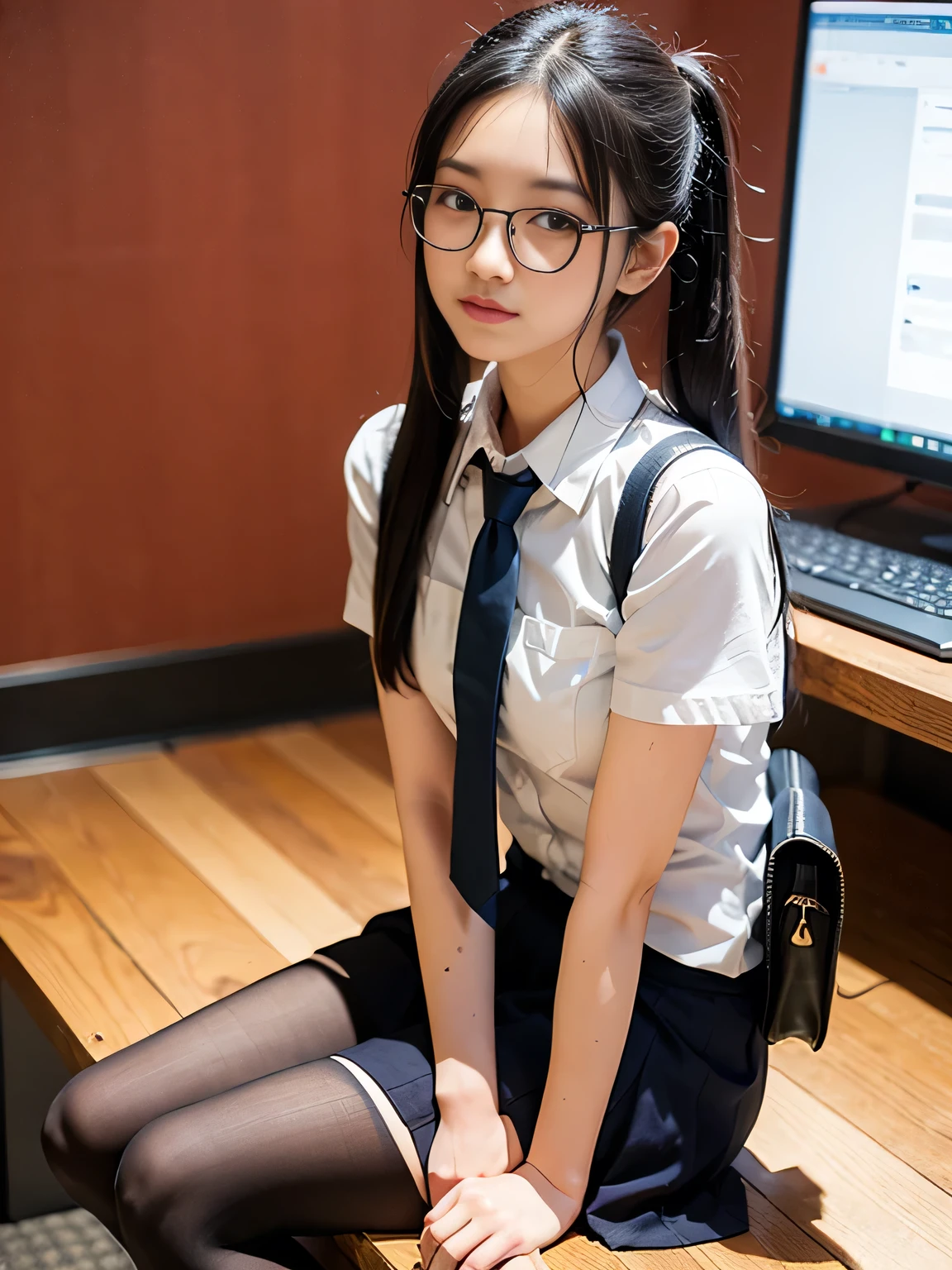 (Short Twin Tails),(8k、RAW Photosgraphy、Highest quality、masterpiece:1.2),Glamour,smile、Chromo White Skin,Cheeky,Staring at the audience,Viewed from the front,Muchimuchi,,student,White skin,knees,Student Bag((Black Pantyh,absurdes,Small Face,,Flat Chest,Part the front hair from the middle、The forehead is visible,(Cold look,Squinting my eyes,Glare,strong,skinny,Sanding,Rage)、masterpiece,Highest quality、Ultra-high resolution,RAW Photos,Only,Beautiful poop,one person, 独奏,Glasses,Dark look,Small breasts,who,Round Glasses,JK ,high school girl,Japanese women,standing,(Photorealistic:1.37)、Photon Mapping,Realistic、Beauty,Cute Face,Brown eye、Black socks、(Red tie)、Radio City、物理ベースOnlyダリング、Depth of written boundary、Blurred Background、picture,body,Beautiful feet, Long legs, Thin legs,(I can see the front hair), hair, Lips, green_eye, Nose Soft,(Light blue open front shirt), (Navy, blue and white checkered pleated skirt), I can see the knees,See-through clothing,, thigh, black cotton socks,Nogizaka Idol, Pink wall、