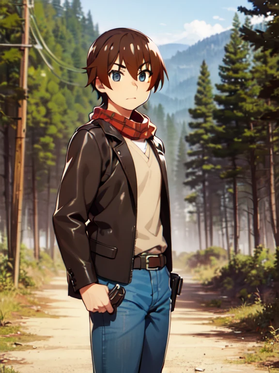 (Ultra-high resolution), (masterpiece), (Attention to detail), (high quality), (最high quality), One Man, (Keiichi_Maehara), Brown Hair, blue eyes, Western Cowboy, Cowboy hat, leather jacket, scarf, Denim pants, boots, belt, holster, revolver, Showdown scene in the wilderness, Cowboy standing in the dust, The moment he was about to pull out his gun