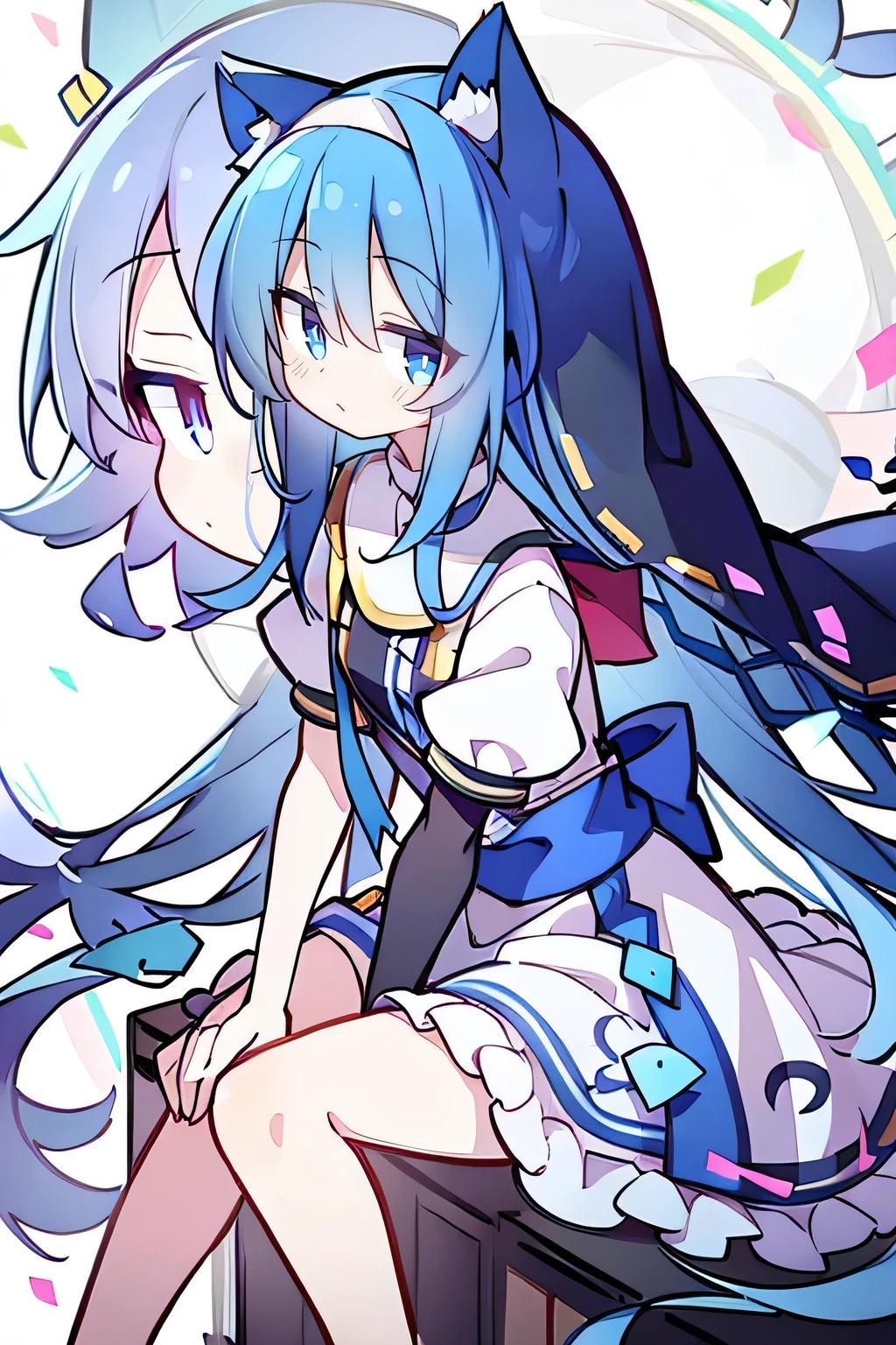 (masterpiece:1.2),Extremely detailed,Practical,expressive eyes,Fair skin,Perfect face shaping,1 Girl,
Japanese cartoons,Gorgeous blue hair, the long flowing blue hair,Floating clothes,Cat ears,Petals fall,beautiful lola,Young Angel,
Place your hands on your waist,sit elegantly on the ground,Cross your legs,Gentle and peaceful background,stately church,nun.