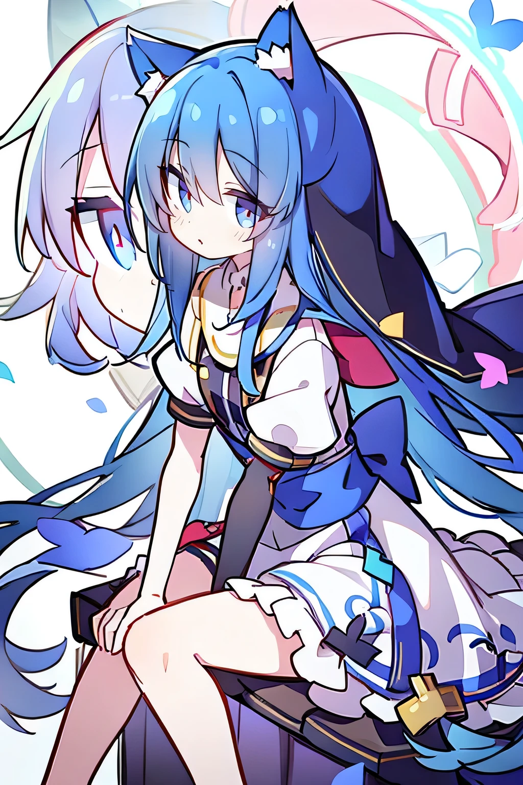 (masterpiece:1.2),Extremely detailed,Practical,expressive eyes,Fair skin,Perfect face shaping,1 Girl,
Japanese cartoons,Gorgeous blue hair, the long flowing blue hair,Floating clothes,Cat ears,Petals fall,beautiful lola,Young Angel,
Place your hands on your waist,sit elegantly on the ground,Cross your legs,Gentle and peaceful background,stately church,nun.
