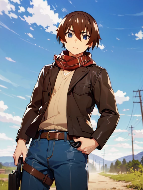 (Ultra-high resolution), (masterpiece), (Attention to detail), (high quality), (最high quality), One Man, (Keiichi_Maehara), Brown Hair, blue eyes, Western Cowboy, Cowboy hat, leather jacket, scarf, Denim pants, boots, belt, holster, revolver, Showdown scene in the wilderness, Cowboy standing in the dust, The moment he was about to pull out his gun