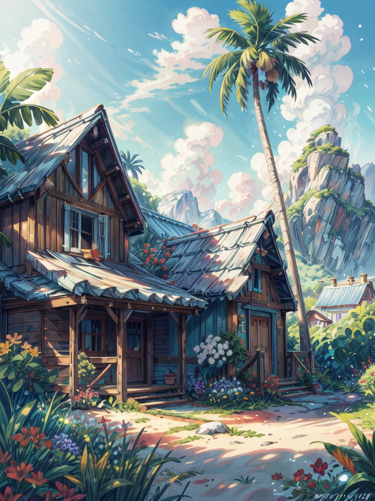 super wide perspective, outdoors, a beautiful white colored old cabin, flower fields, mountains, blue doors and windows, beach side, windy, moody weather, sand, tropical plants, stairs, amazing sky, ghibli anime scene, pots with tropical leafy plants, white metal chair with table, white cycle with basket, red flowers in balcony, flowers in foreground, cinematic color tones, subtle light, vibrant color tones, ghibli style, no humans, scenery, masterpiece, high resolution
