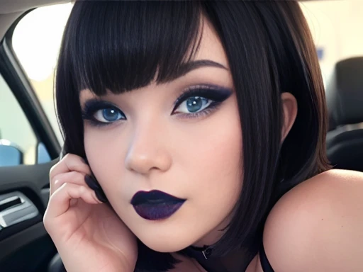 ((Best Quality)), ((masterpiece)), (detailed), perfect face, blue eyes, cabello negro corto con flequillo estilo bob labios voluminosos nariz respingada belleza extraordinaria y muy detailed ,black makeup, dark lipstick