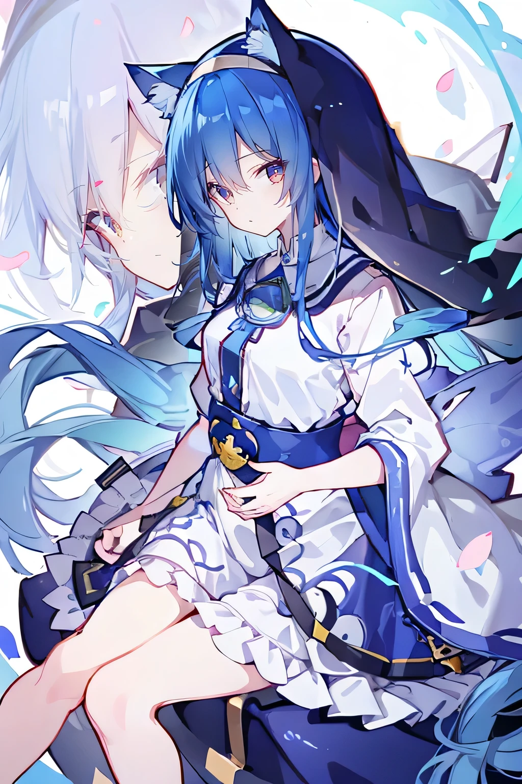 (masterpiece:1.2),Extremely detailed,Practical,expressive eyes,Fair skin,Perfect face shaping,1 Girl,
Japanese cartoons,Gorgeous blue hair, the long flowing blue hair,Floating clothes,Cat ears,Petals fall,beautiful lola,Young Angel,
Place your hands on your waist,sit elegantly on the ground,Cross your legs,Gentle and peaceful background,stately church,nun.