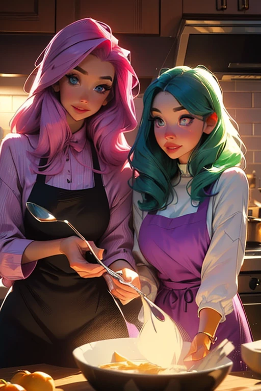 Two women. Perfect faces. Perfect hands. A pink haired woman with violet eyes and an hourglass figure is cooking dinner with a green haired woman with violet eyes with an hourglass figure and glasses in matching pajamas and big smiles in a gothic kitchen