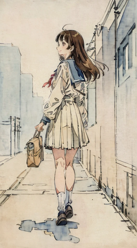 school classrooms、Watercolor style、Pale colors、hand painted style, **** student、hi-school girl、School route、carrying a schoolbag、Walking Girl Japan、posterior view、Looks Back、high-school uniform、A smile、frontage、((The upper part of the body))、Brown hair、semi long hair、cowboy  shot