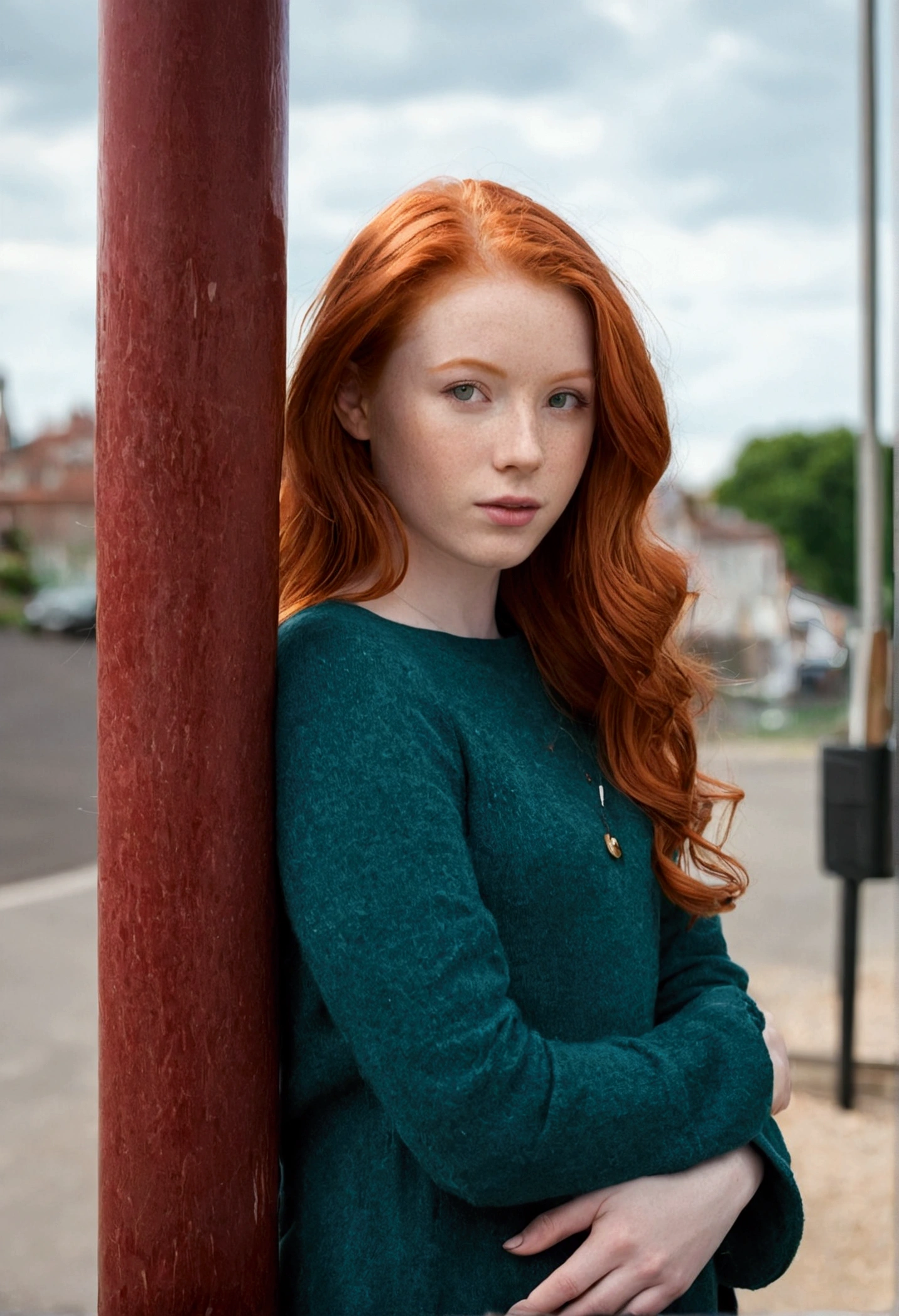 there is a woman with red hair standing by a pole, red haired young woman, a redheaded young woman, portrait of a red haired girl, with red hair, 60mm portrait, 50mm portrait, 7 0 mm portrait, red haired girl, red hair girl, photo of young woman, mid shot portrait, 1 3 5 mm nikon portrait