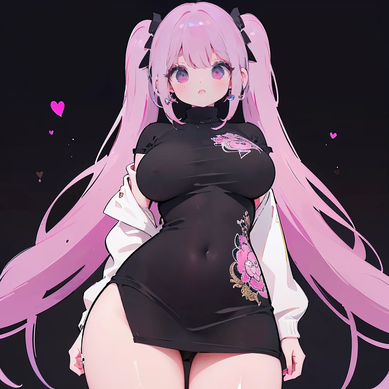 Anime Kawaii sexy Perfect Slim sensual body large breast and huge thighs, An intricate and highly detailed illustration of anime (Young girl). comely, (work of art:1.2), (best qualityer:1.2), perfects eyes, face perfect, perfect lighting, 1 girl, Look to viewer, (ahegao:0.5), pose sexy、maroon、skin black、body muscles、(Accurate shot)、((Gal Fashion))、oversized pink sweater with large neckline, wearing sexy dress , skin tanned , purples eyes, dark blue color heir, corpo sexy, black nail polish, showing her long nails to the viewers , pink back ground, long nails , twintail hairstyle