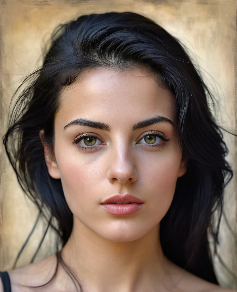 Portrait of a beautiful Italian woman, 28 ans, smalll breasts, natural lips a little luscious, long black hair with shaved sides , yeux verts, realism, digital painting, Art conceptuel, smooth, sharpness, Rule of thirds, 35 mm
