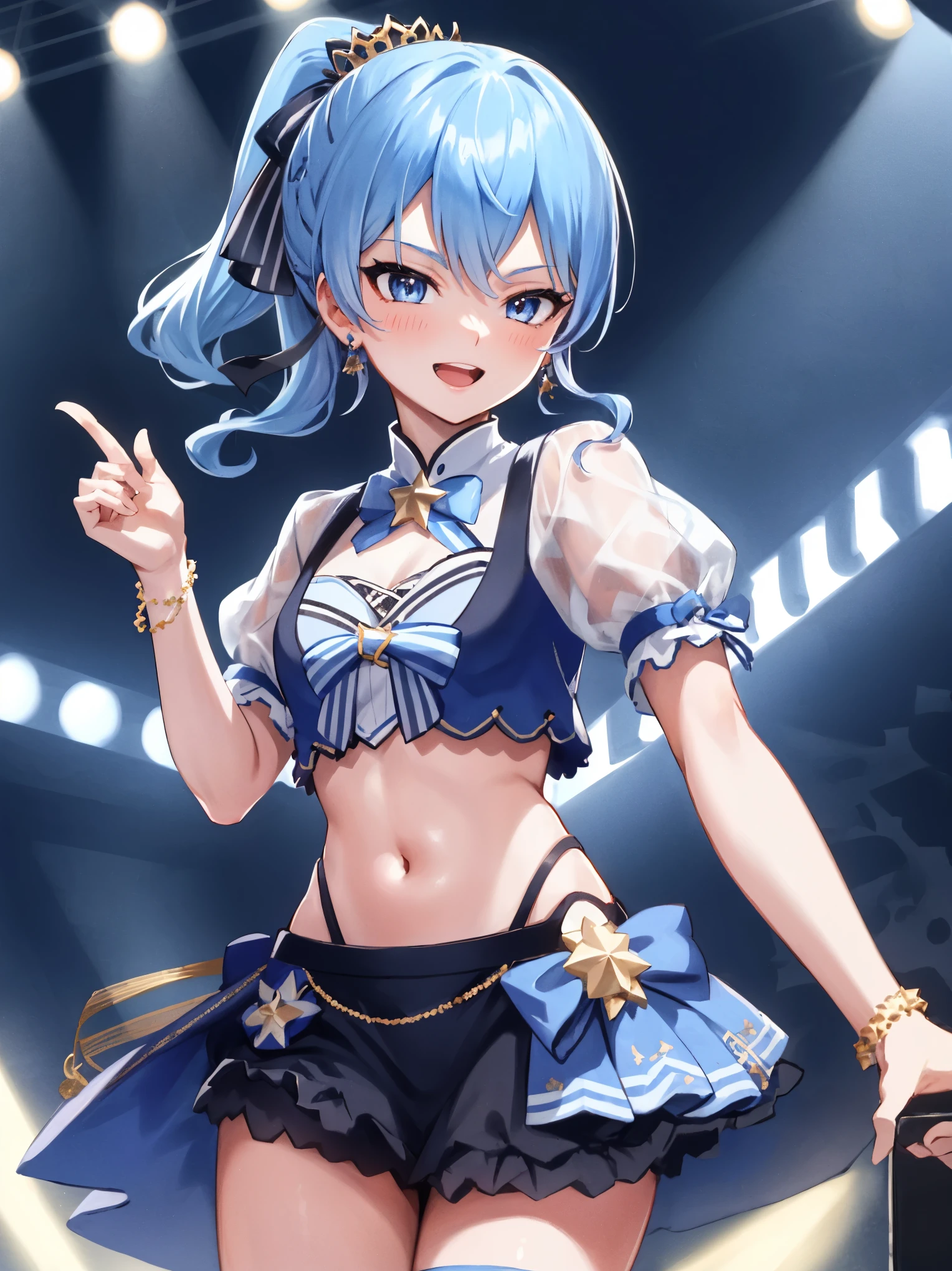 masterpiece, best quality, absurdres, 1girl, solo, Hoshimachi Suisei, light blue hair, blue eyes, happy, smile, parted lips, cowboy shot, sidelocks, ponytail, toned,
idol, idol clothes, hololive idol uniform, bowtie, blue skirt, brooch, dress, concert, on stage, frilled skirt, jewelry, layered dress, short sleeves, tiara, midriff, thighhighs(,shout:1.3),.(open_mouth:1.3),singing,(angry:0.6), glare, idle_live,audience_landscape,light up_girl,solo,shiny_effects,smile。joy,happy,