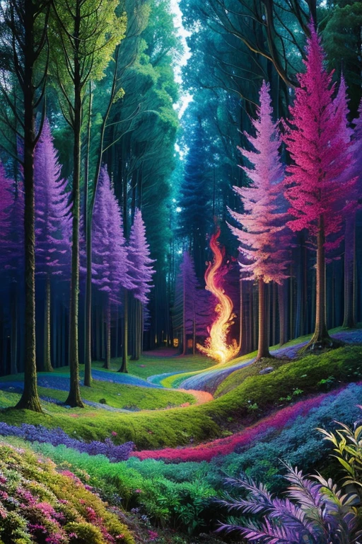 ((best quality)), ((masterpiece)), (detailed), a not very dense forest, (((Psychedelic and Surreal Effects))), fire and smoke,