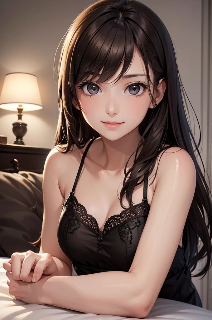 Best Quality,High resolution,8k,finelity detailed background,Masterpiece:1.2),beautiful girl,Shiny brown hair,messy hair,Brown eyes,Gentle look,A refreshing look,smile,Best quality,Best Quality,Aesthetic and aesthetic:1.2,Best details((Super detailed))(High-definition CG illustrations),Dark grey underwear, (dark gray),Slender body,night,moon,Bedroom,On the bed,smile,blush,cute,Scrounge,Looking up,Being spoiled,super model,wariza,shoot from,below