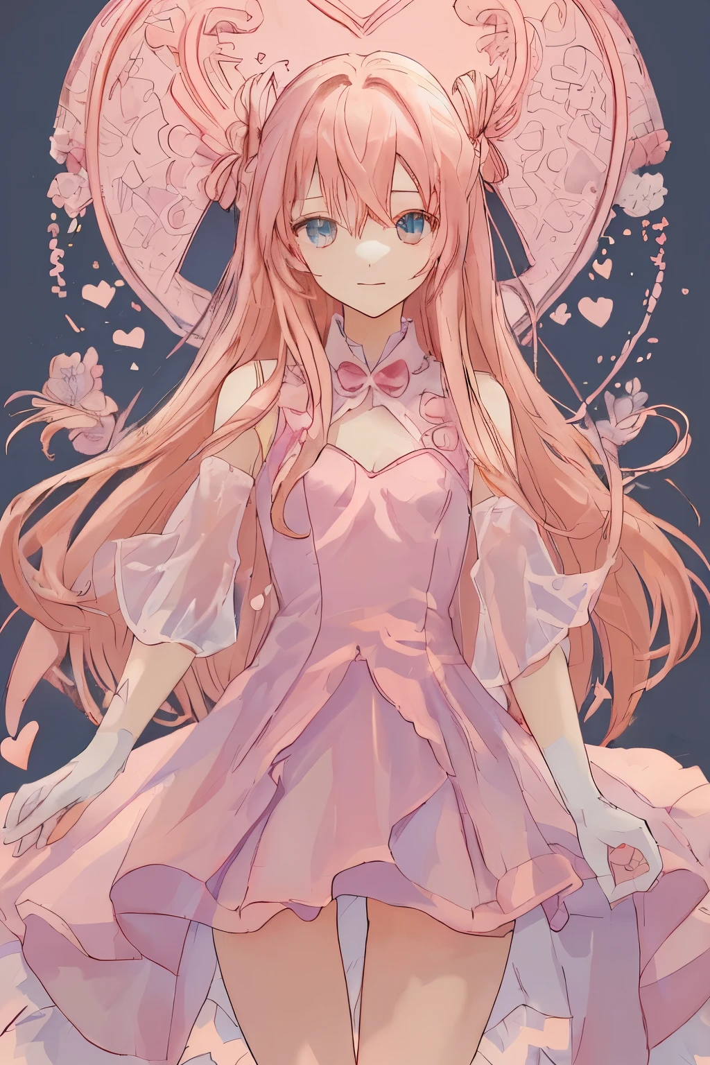 1_girl, (anime, kawai:2), (masterpeice, best_quality, simple, cute, dreamy, vibrant, clean:1.8), (cute, cute_smile, young:1.6), (delicate, beautiful, thin:1.5), (girlfriend, angel:1.8), (green_eyes, simple_eyes:1.5) (long_hair, blond_hair, wearing_pink_dress, pink_angel_wings, gloves:1.8), extremely_delicate, (love_magic:1.5), (age_size_fits_body), (small_thighs, thin:1.8), (breasts), (eye_level:1.3), (heart_magic, love:1.5)