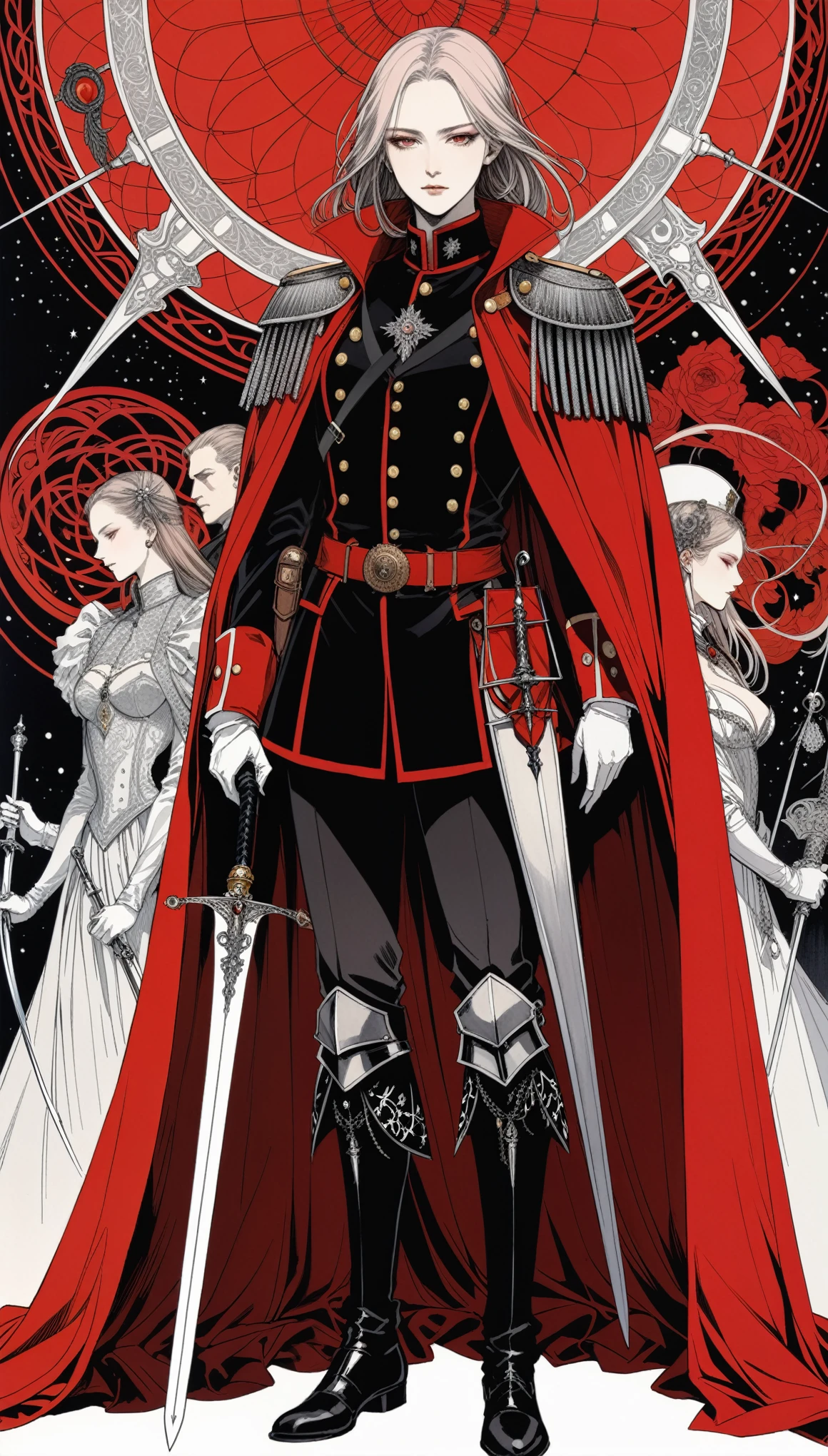 (in style of Harry Clarke:0.5),in style of Santiago Caruso,
1girl,holding a fancy rapier in his hand,military uniforms,neckwear_request,red general's cape,ribbon,