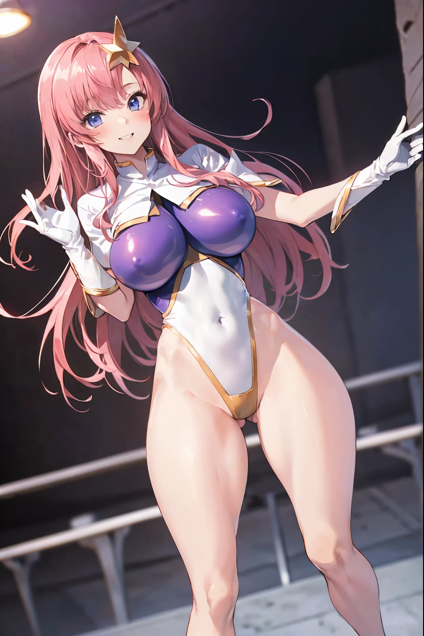 (masterpiece）、（Highest image quality）、（Super detailed）、（extremely detailed）、4K、（8K）、Highest image quality、（beautiful）、
more campbell, 1 _girl, star hair ornaments, hair ornaments, pink hair, long hair, gloves, Leotard Purple leotard, white leotard, leotard that bites、(gigantic_tits:1.2)、thick thighs、,light smile､dynamic pose､gravure､dynamic angle、noise removal､emphasis on crotch､chest enhancement,open_legs