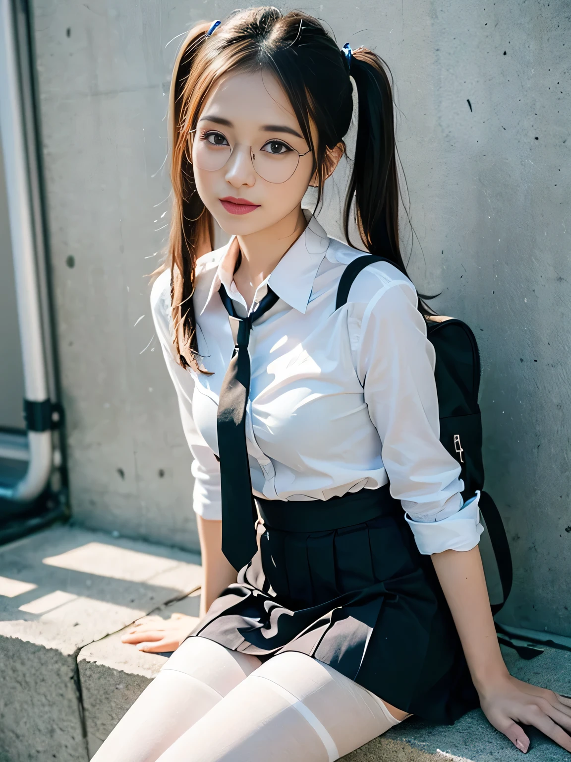 (Short Twin Tails),（8k、RAW Photosgraphy、Highest quality、masterpiece：1.2),Glamour,smile、Chromo White Skin,Cheeky,Staring at the audience,Viewed from the front,Muchimuchi,erotic,student,White skin,knees,Student Bag((Black Pantyhose)),absurdes,Small Face,,Flat Chest,Part the front hair from the middle、The forehead is visible,(Cold look,Squinting my eyes,Glare,strong,skinny,Sanding,Rage)、masterpiece,Highest quality、Ultra-high resolution,RAW Photos,Only,Beautiful poop,one person, 独奏,Glasses,Dark look,Small breasts,whole body,Round Glasses,ＪＫ ,high school girl,Japanese women,standing,（Photorealistic：1.37）、Photon Mapping,Realistic、Beauty,Cute Face,Brown eye、Black socks、(Red tie)、Radio City、物理ベースOnlyダリング、Depth of written boundary、Blurred Background、picture,body,Beautiful feet, Long legs, Thin legs,(I can see the front hair), hair, Lips, green_eye, Nose Soft,(Light blue open front shirt), (Navy, blue and white checkered pleated skirt), I can see the knees,See-through clothing,, thigh, black cotton socks,Nogizaka Idol, Light blue wall、