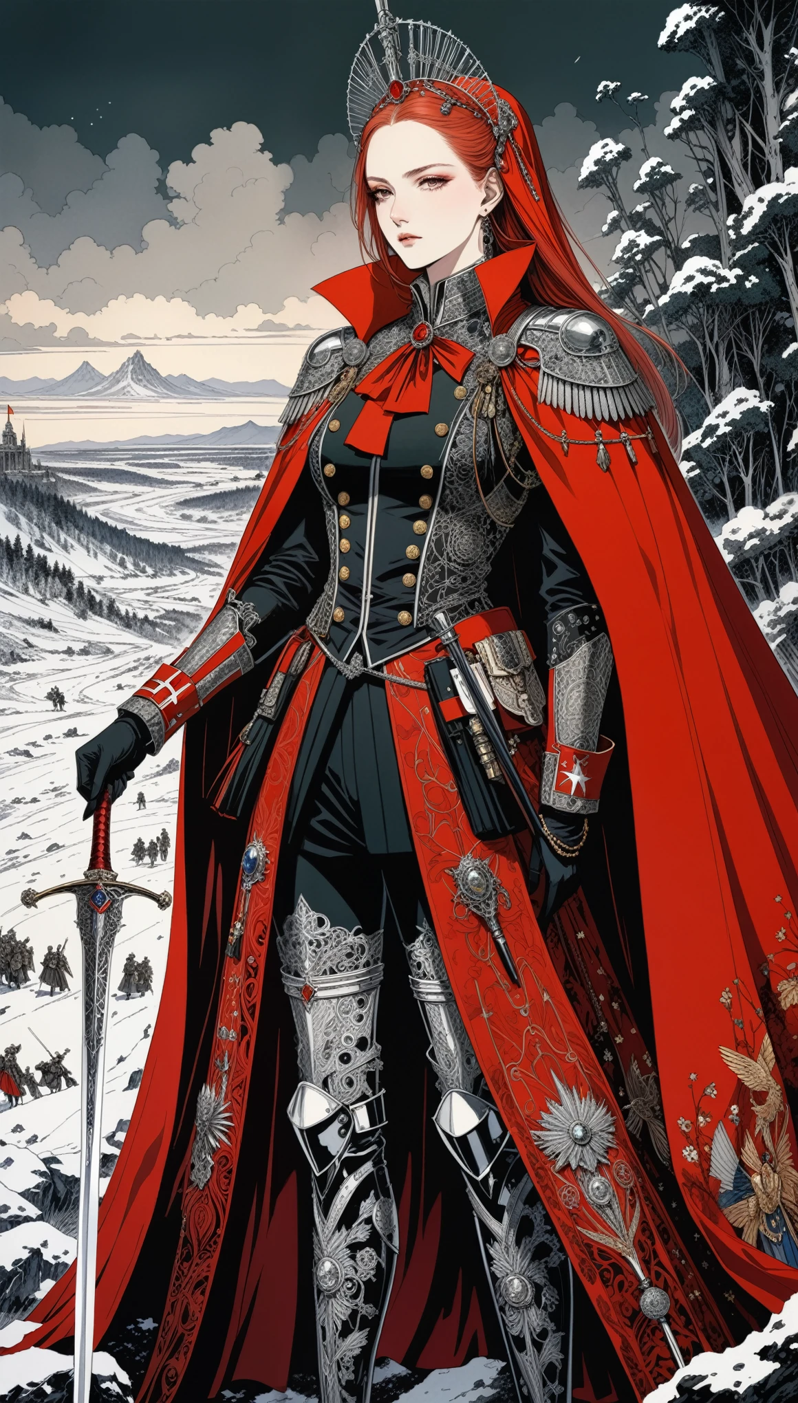 (in style of Harry Clarke:0.5),in style of Santiago Caruso,
1girl,holding a fancy rapier in his hand,military uniforms,neckwear_request,red general's cape,ribbon,wilderness battlefield,imposing female generals,(insanely detailed and intricate, hypermaximalist, elegant, ornate, hyper realistic, super detailed)