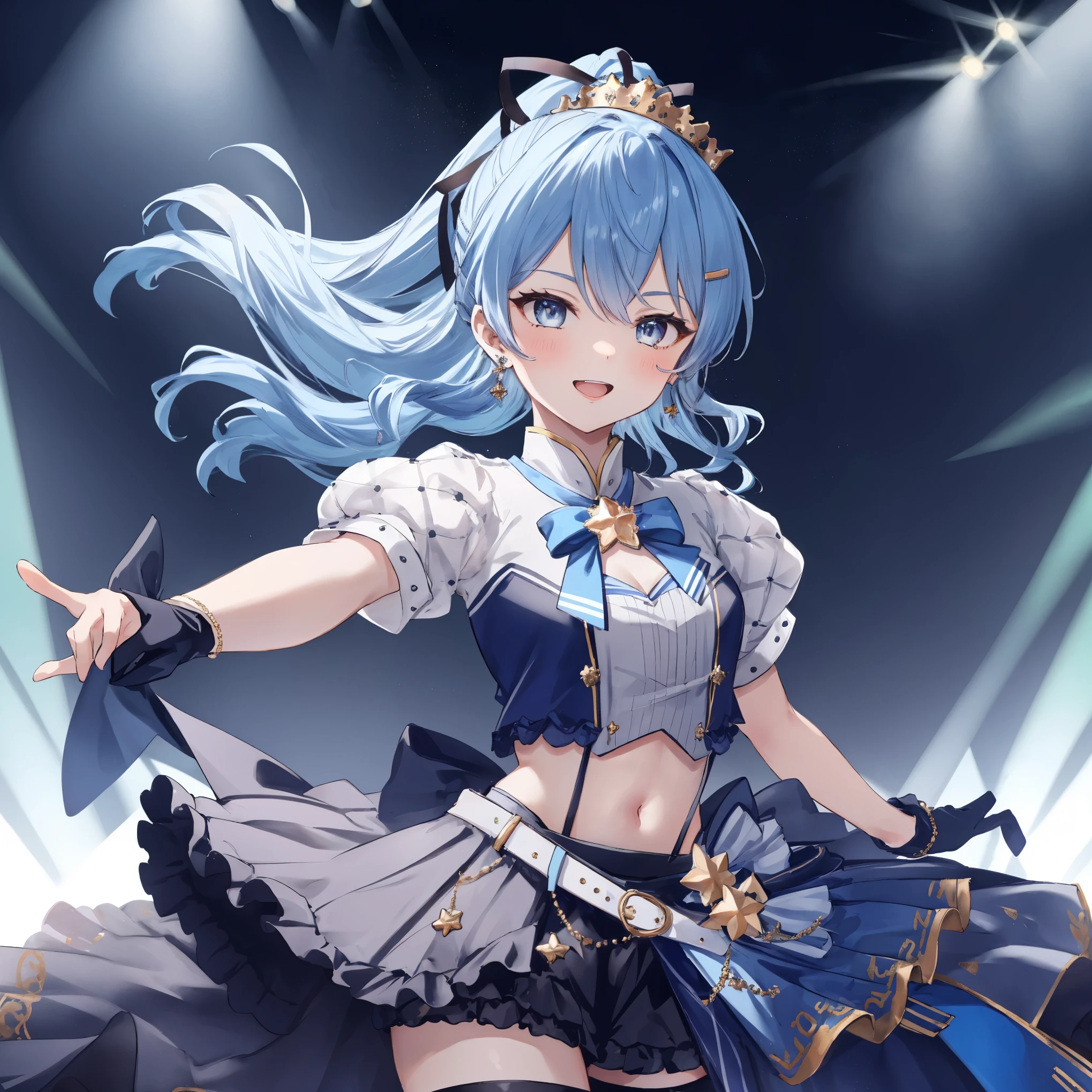 masterpiece, best quality, absurdres, 1girl, solo, Hoshimachi Suisei, light blue hair, blue eyes, happy, smile, parted lips, cowboy shot, sidelocks, ponytail, toned, 
idol, idol clothes, hololive idol uniform, bowtie, blue skirt, brooch, dress, concert, on stage, frilled skirt, jewelry, layered dress, short sleeves, tiara, midriff, thighhighs(,shout:1.3),.(open_mouth:1.3),singing,(angry:0.6), glare, idle_live,audience_landscape,light up_girl,solo,shiny_effects,smile。joy,happy,